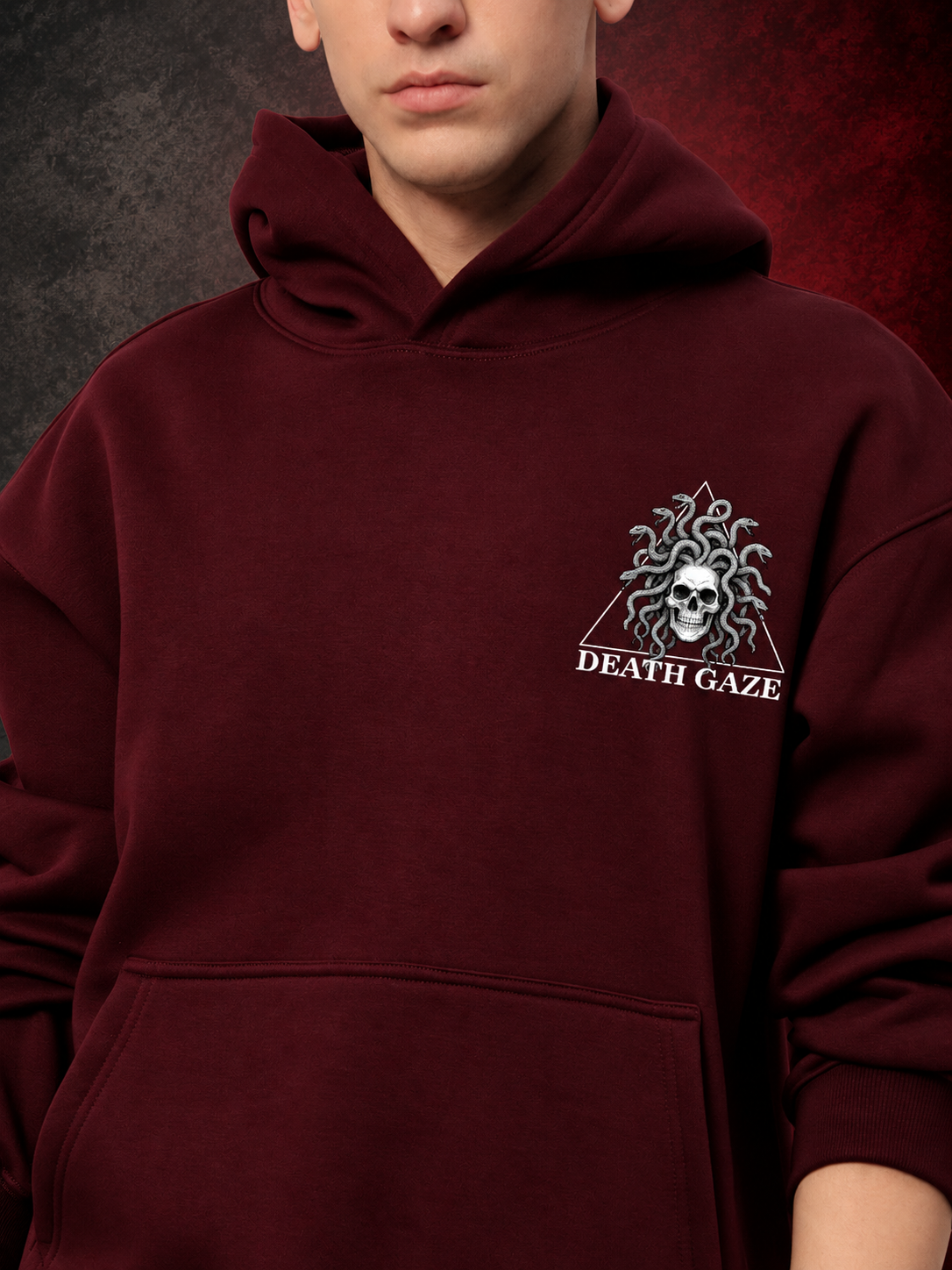 GORGON SKULL PRINTED FLEECE CO-ORD SET WINE hoodie with Death Gaze graphic, bold streetwear style for men