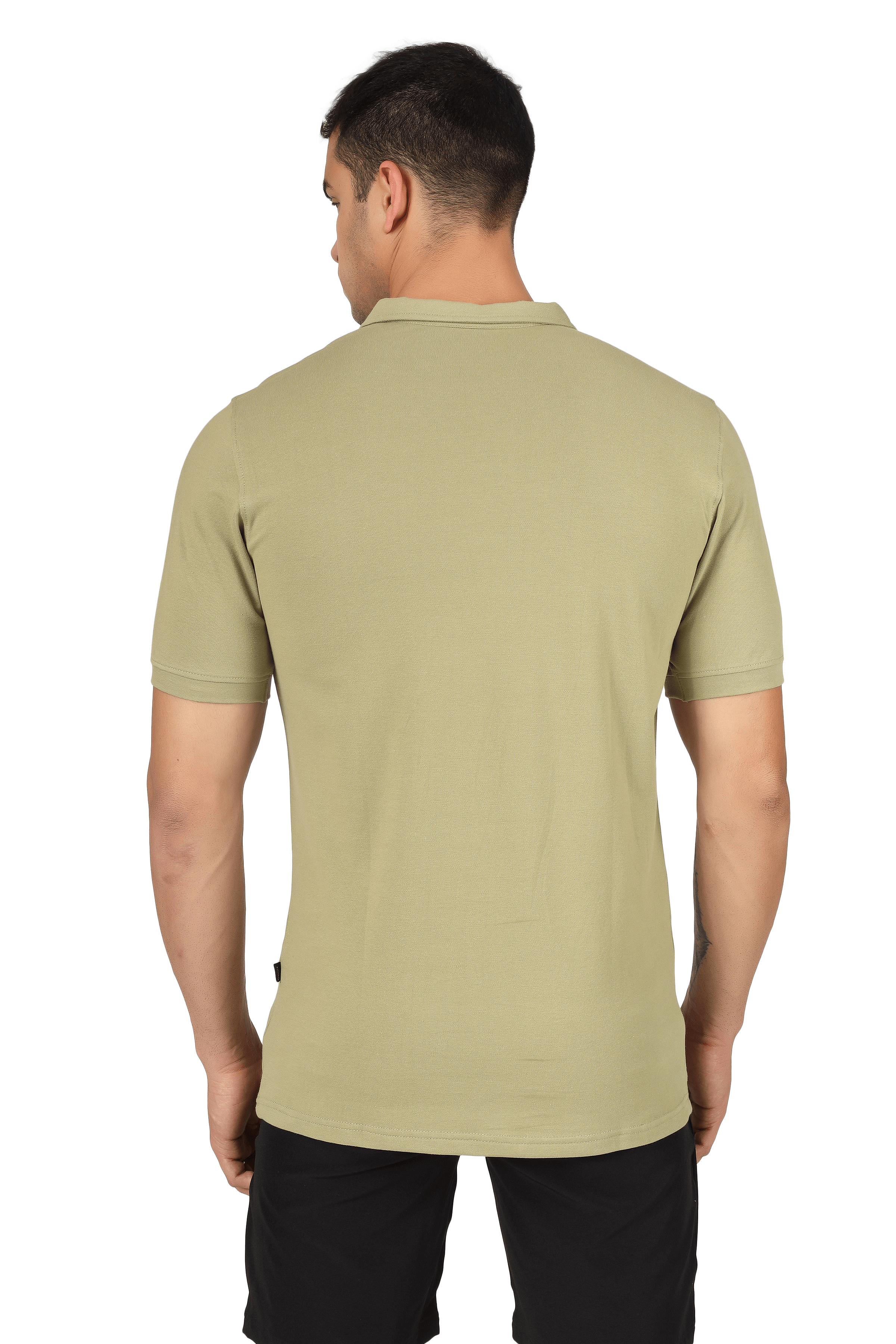 Back view of man wearing gravel green zipper polo neck T-shirt, showcasing sleek design and premium cotton Lycra fabric.