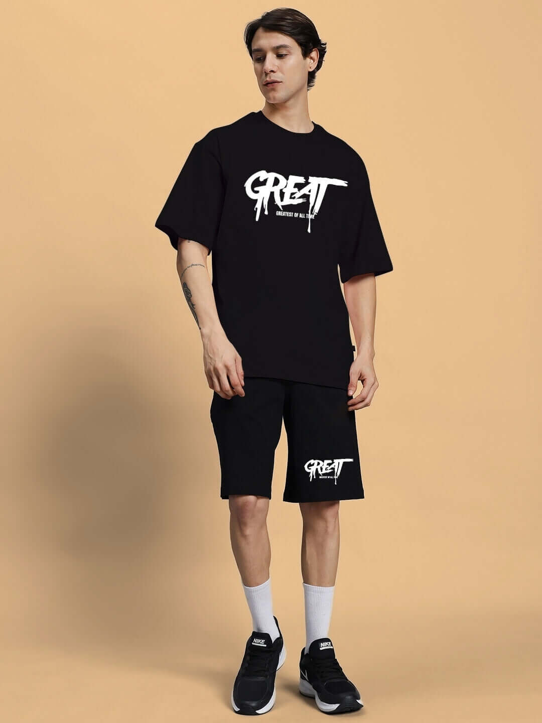 GREAT PRINTED SUMMER CO-ORD SET BLACK worn by model, premium cotton fabric, stylish casual outfit for summer wear.