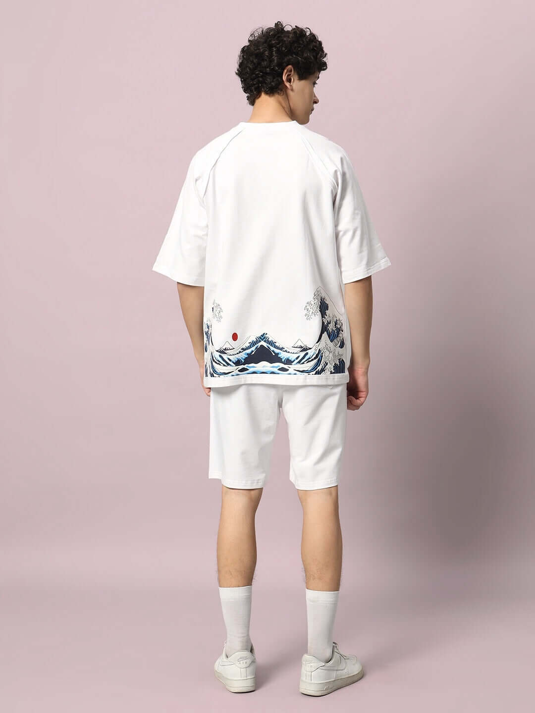 Back view of the white Great Wave printed co-ord set with premium cotton terry fabric, designed in India, showcasing intricate wave design.