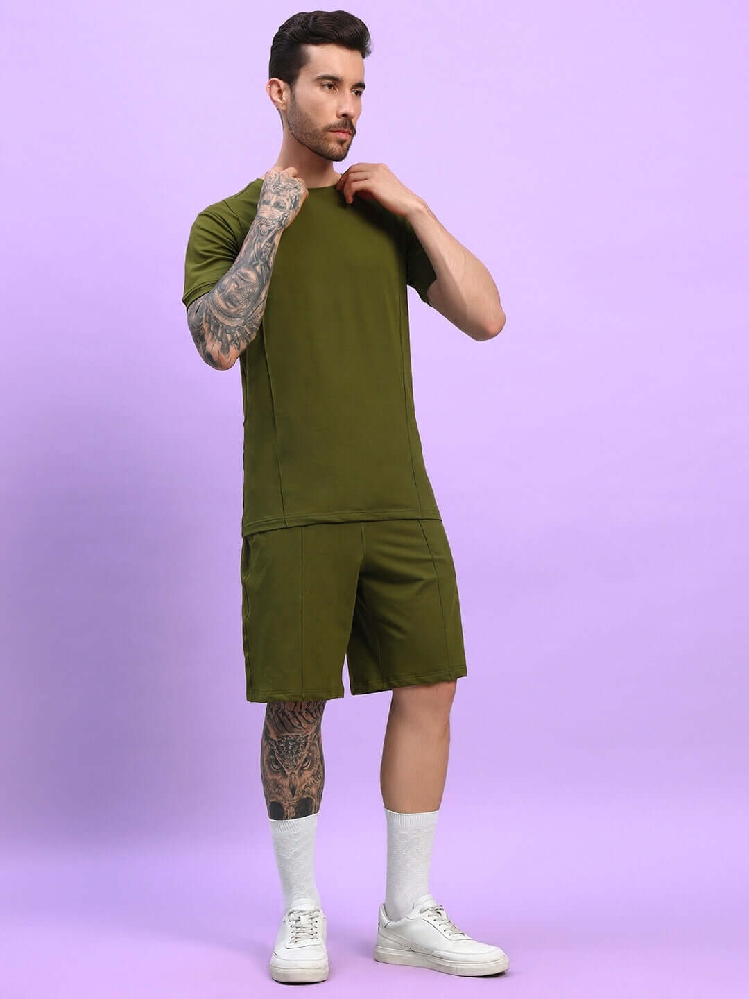 GREEBLE CO-ORD Set in Olive Green, premium cotton French terry lycra, comfortable fit, perfect for stylish casual wear.