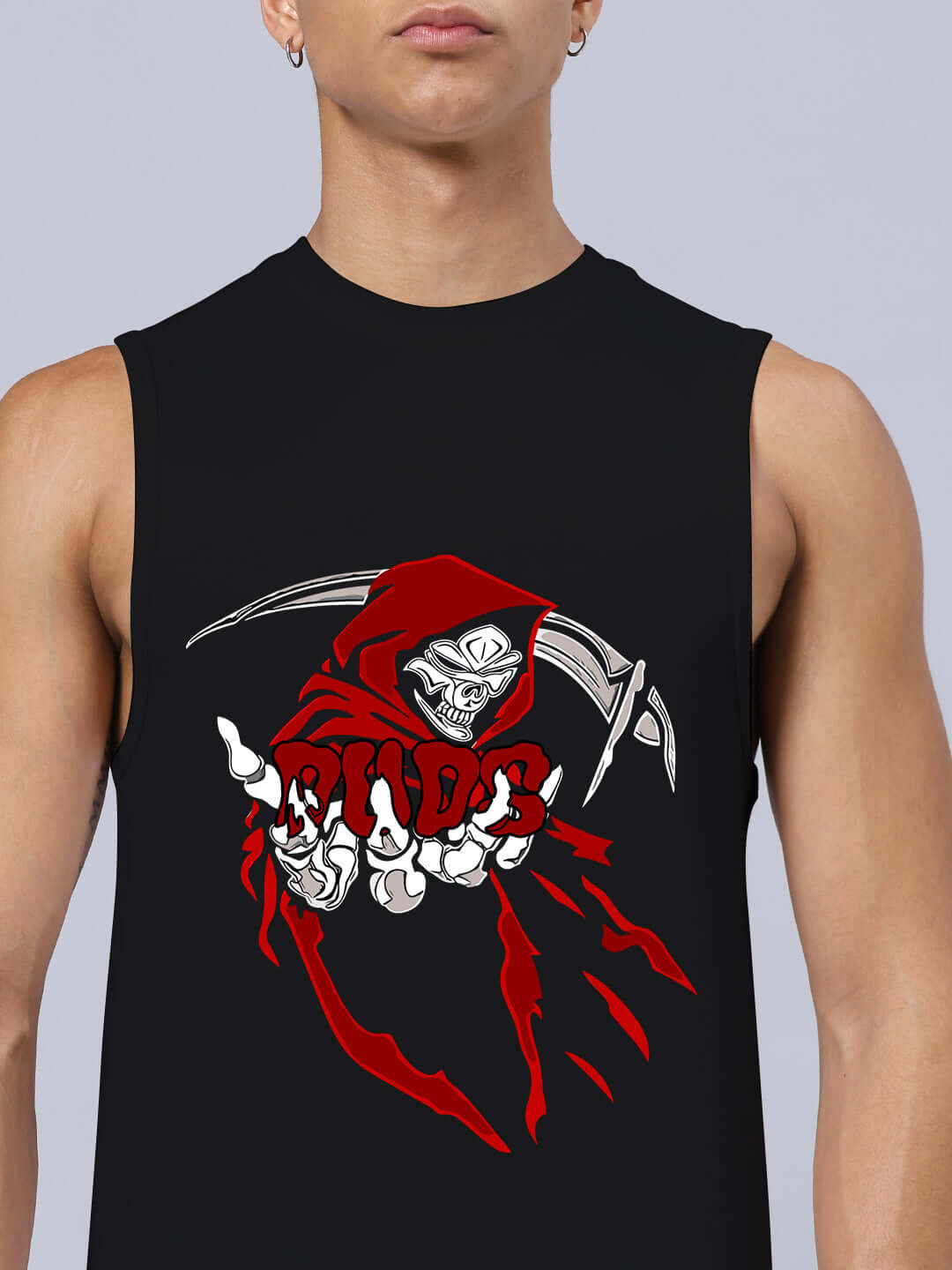 GRIM REAPER PRINTED GYM RELAXED FIT CO-ORD SET BLACK-RED, unisex black top with red grim reaper graphic on front.