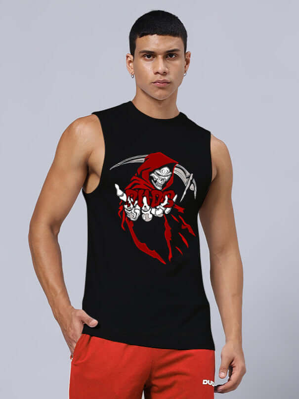 Man wearing GRIM REAPER PRINTED RELAXED FIT GYM T-SHIRT BLACK, showcasing the design.