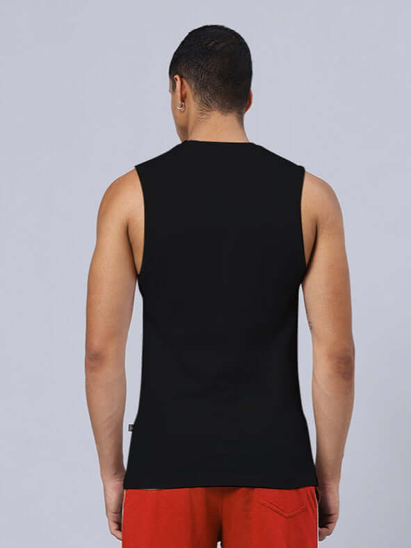 Back view of GRIM REAPER PRINTED RELAXED FIT GYM T-SHIRT BLACK, showcasing sleeveless design in casual style.