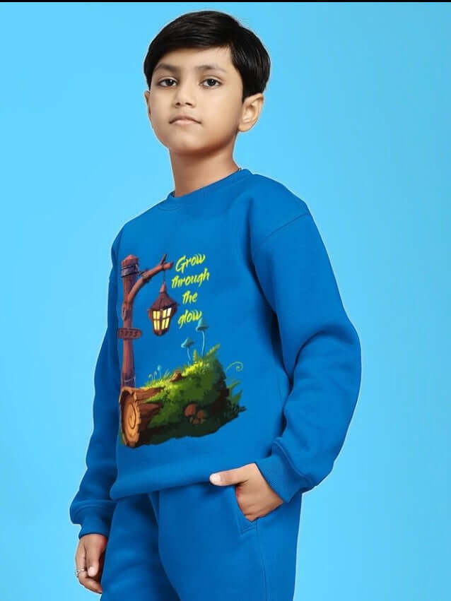 GROW AND GLOW PRINT FLEECE SWEATSHIRT FOR BOYS GIRLS BLUE featuring a nature design and a standing child model.