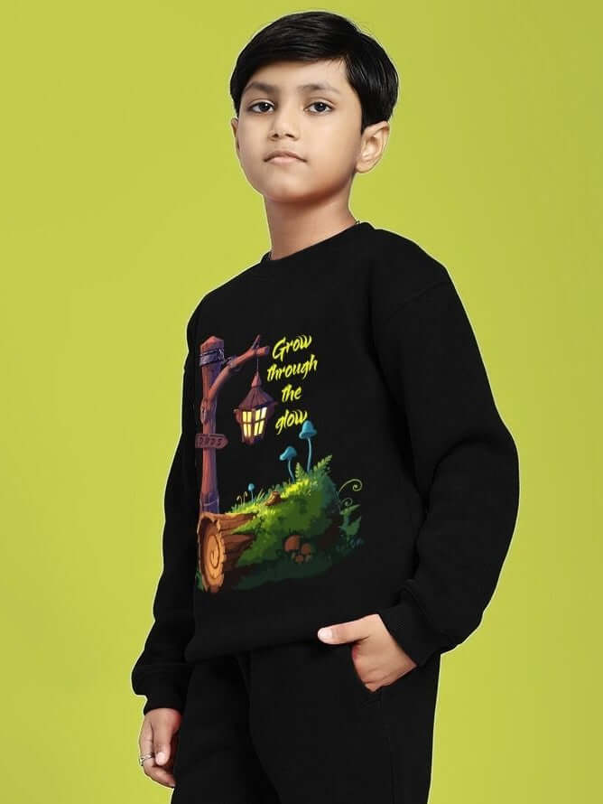 GROW AND GLOW PRINT FLEECE SWEATSHIRT FOR BOYS GIRLS BLACK - KIDS SWEATSHIRT