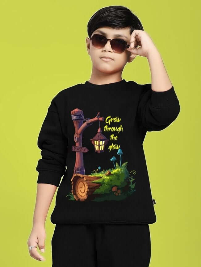 GROW AND GLOW PRINT FLEECE SWEATSHIRT FOR BOYS GIRLS BLACK featuring a colorful design worn by a boy with sunglasses.