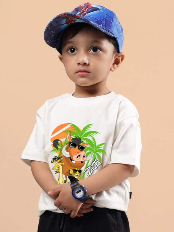 Young boy wearing HAKUNA MATATA OVERSIZED T-SHIRT FOR BOYS & GIRLS OFF WHITE with character print.