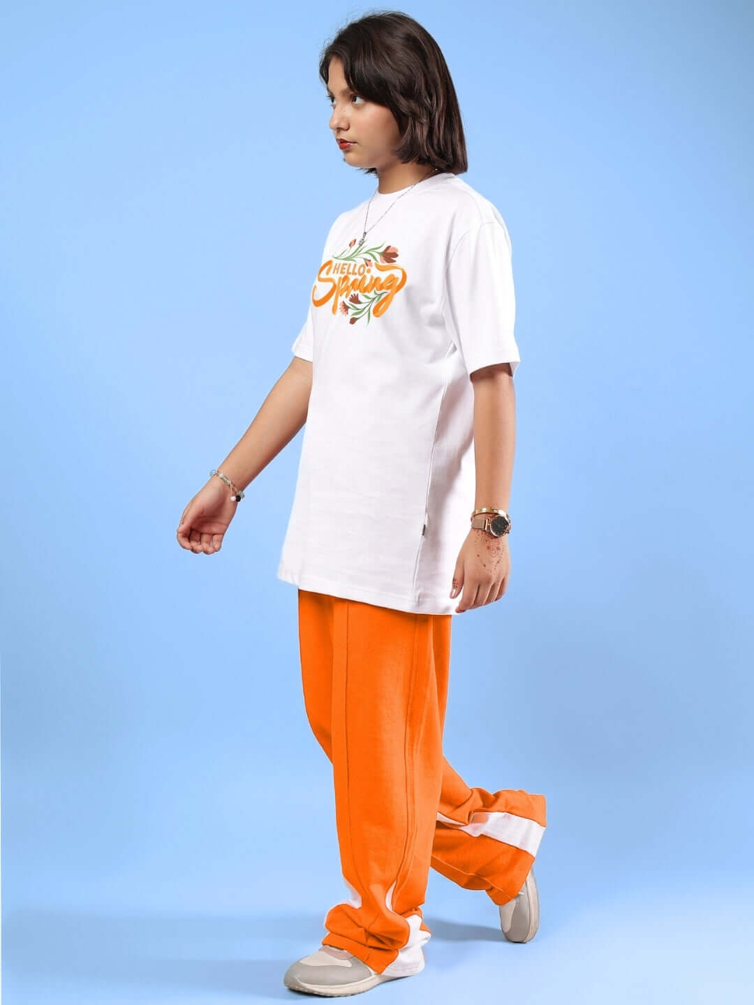 HELLO SPRING CO-ORD FOR BOYS & GIRLS WHITE-ORANGE outfit on model