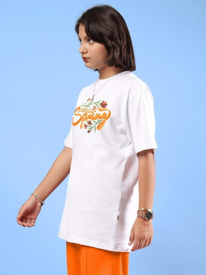 HELLO SPRING T-SHIRT FOR BOYS & GIRLS WHITE, side view on model, youth fashion, casual wear.