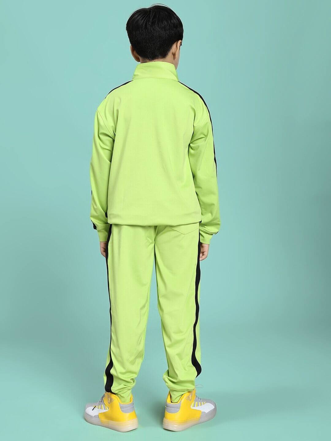 Child wearing HIGH PERFORMANCE CO-ORD SET FOR BOYS AND GIRLS NEON GREEN, back view, active wear ideal for school or sports.