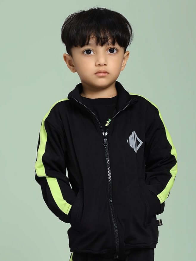 Child wearing High Performance Jacket for Boys and Girls Black, showcasing lightweight design for kids' active lifestyle.