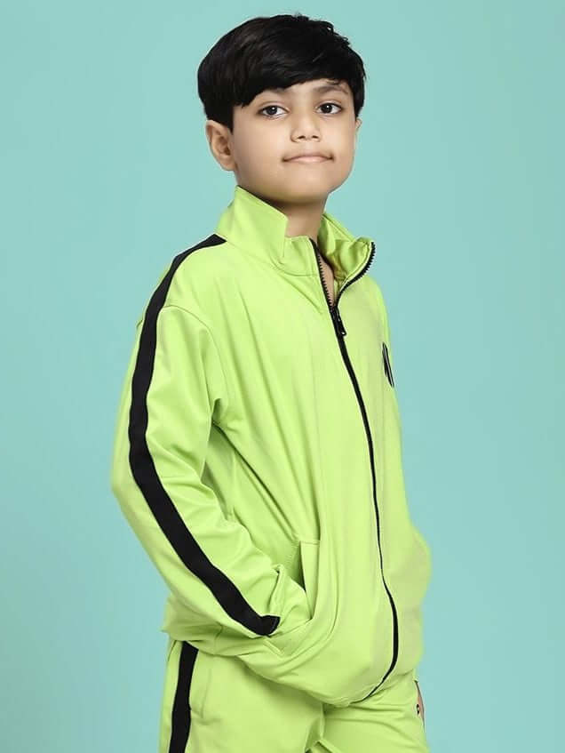 Child wearing high performance jacket for boys and girls neon green, showcasing side view with black stripe detailing.