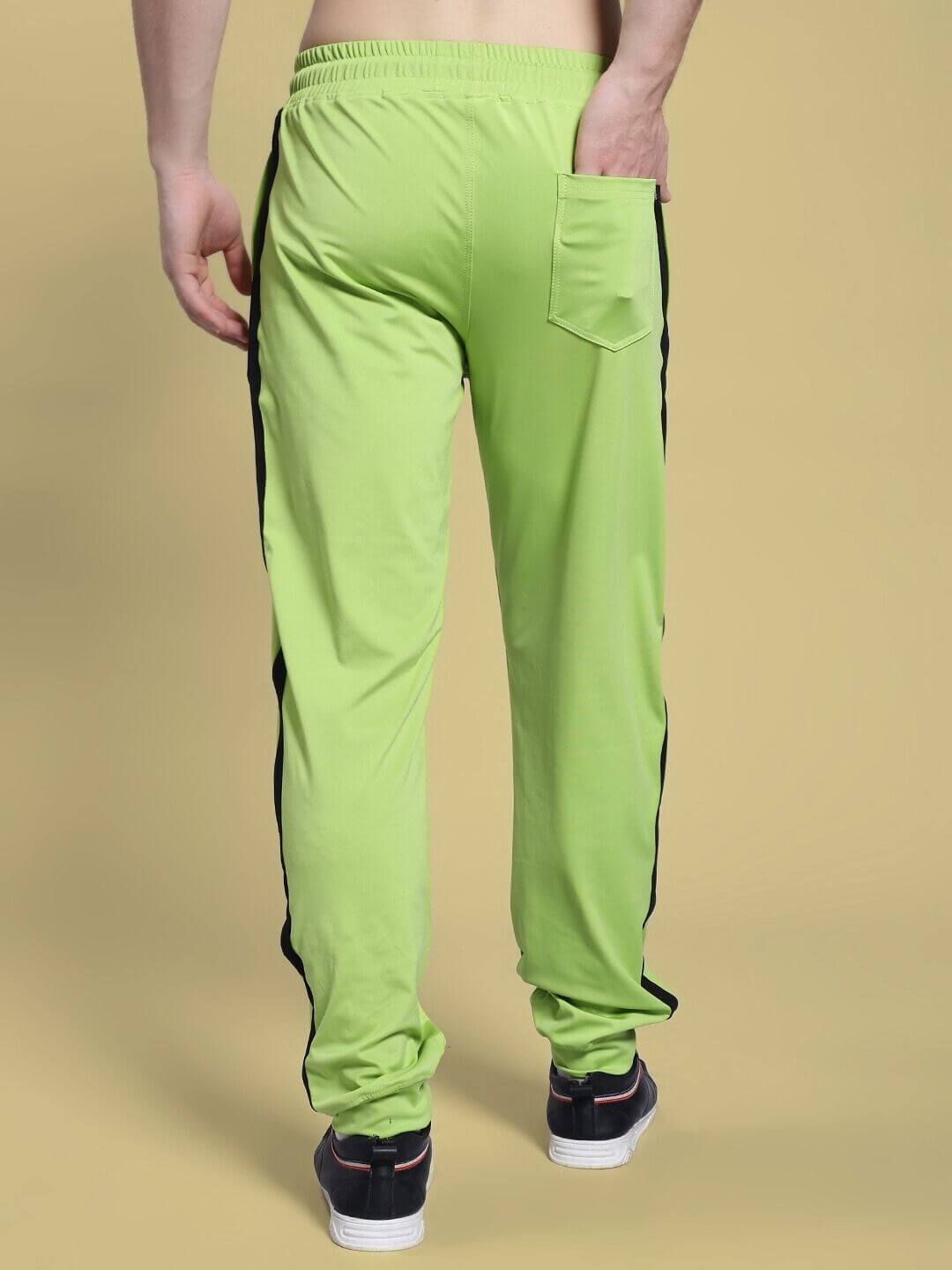 Back view of HIGH PERFORMANCE RELAXED FIT JOGGER NEON GREEN showcasing spandex blend and relaxed fit.