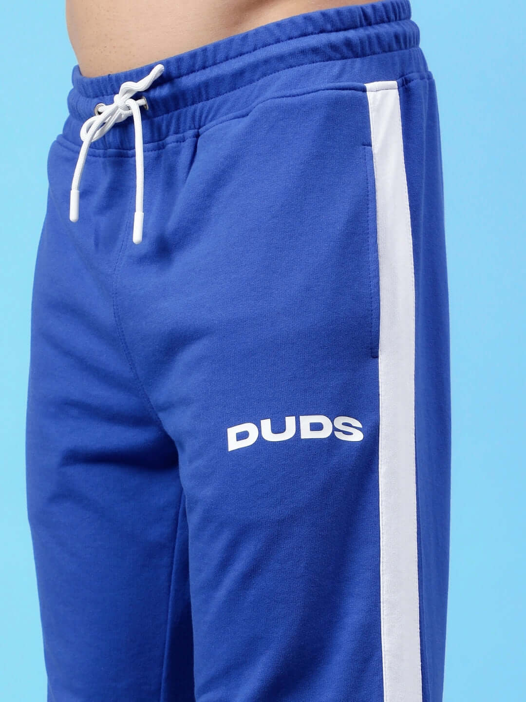 High Point Contrast Joggers in royal blue with white stripe, featuring DUDS logo, made-to-order with custom fit option available.