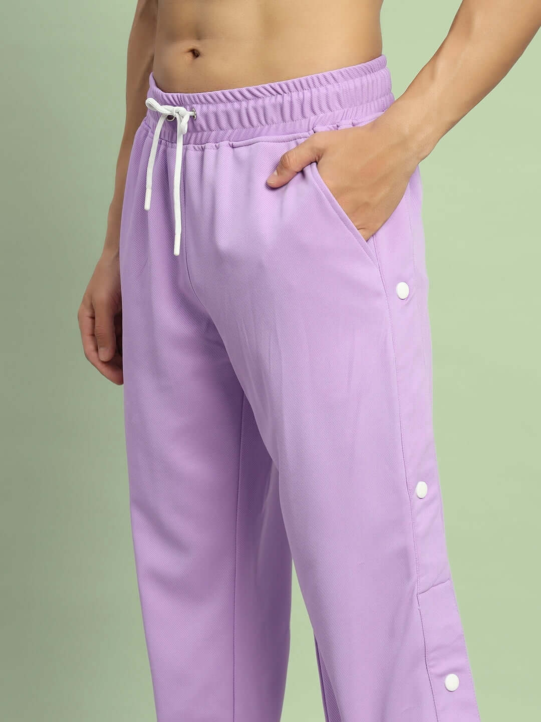 Lavender hip hop joggers with white drawstring and buttons, custom fit option available from DUDS.
