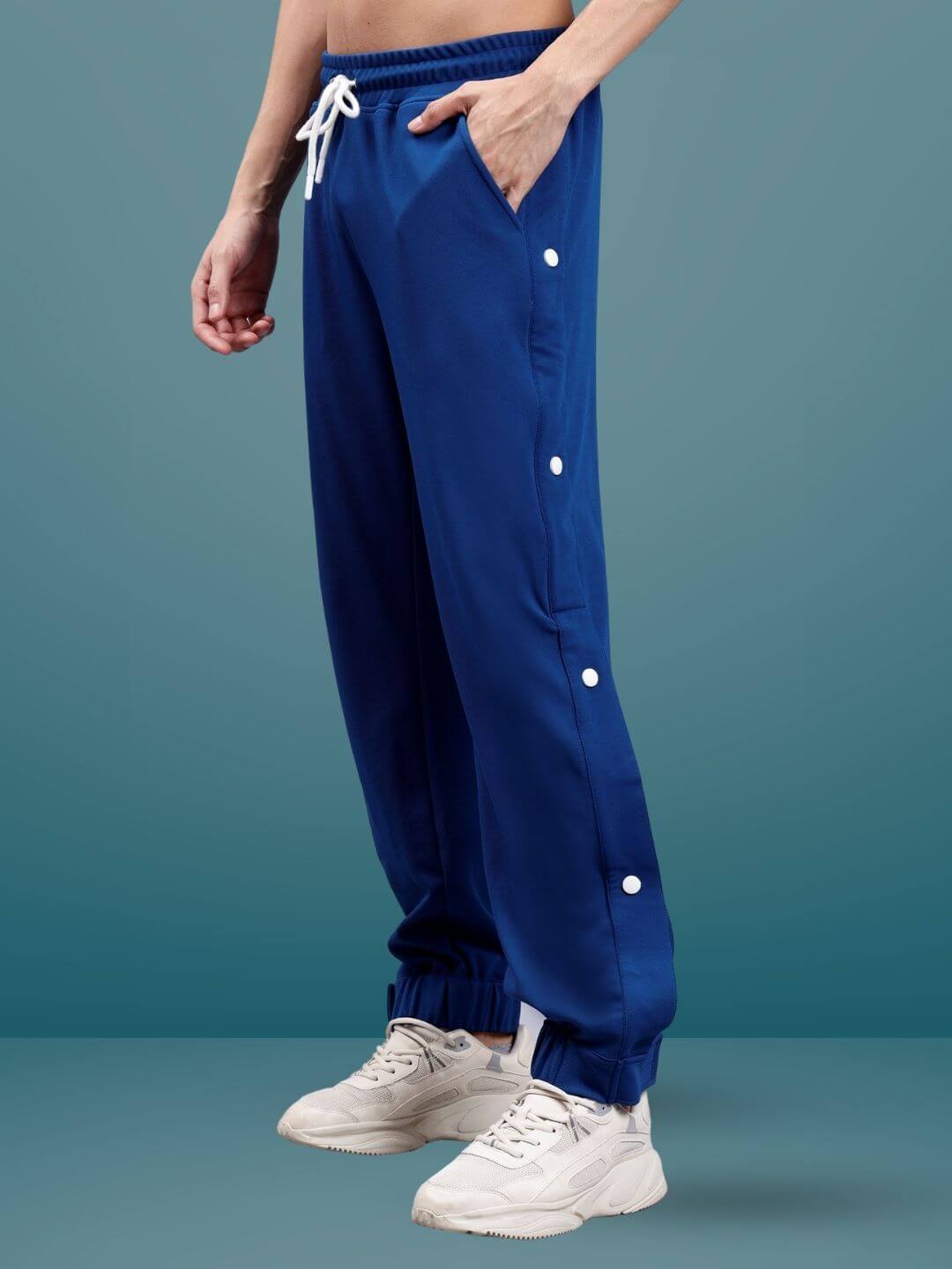 Marine Blue Hip Hop Joggers with white buttons and drawstring, customizable fit offered by DUDS, made to order by skilled tailors