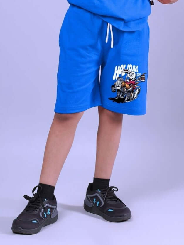 Child wearing Holiday Time Rider Print Blue Shorts for boys and girls, featuring a fun rider design and comfortable fabric for active play.