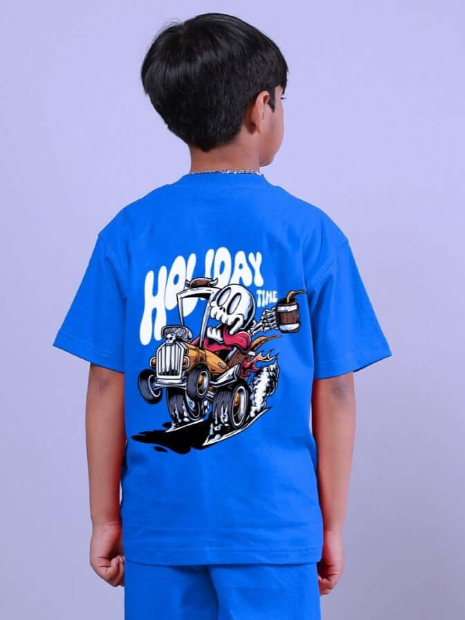 Child wearing Holiday Time Rider Print T-Shirt for Boys and Girls Blue with playful graphic on the back.
