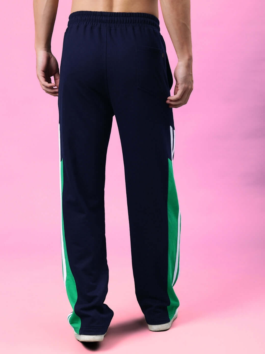Rear view of navy blue-green Hoofer Contrast Joggers, showcasing custom-fit option by DUDS, made with precision by skilled tailors.