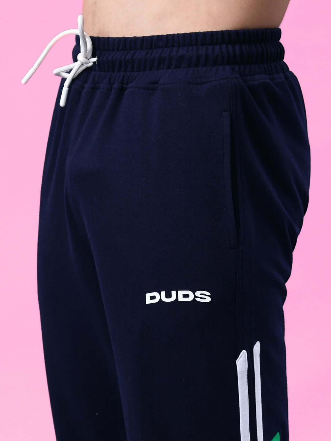 Navy blue-green HOOFER CONTRAST JOGGERS by DUDS with white drawstrings and logo, made to order for customizable fit.