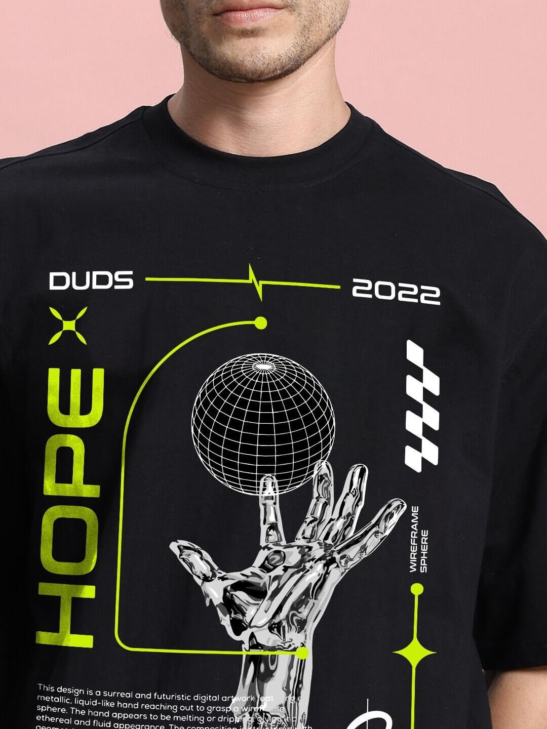 Man wearing HOPE PRINTED OVERSIZED T-SHIRT BLACK with futuristic design and positive message.