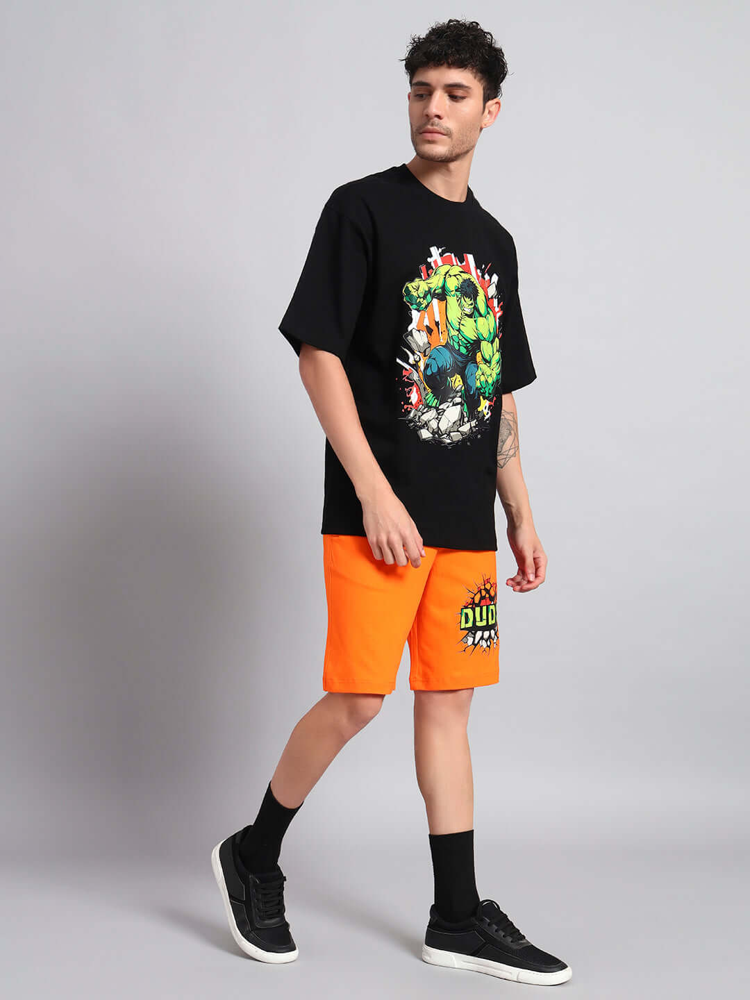 Hulk Black-Orange Co-Ord Set featuring premium fabric, graphic tee and shorts. Perfect for casual wear. 97% cotton, made in India.
