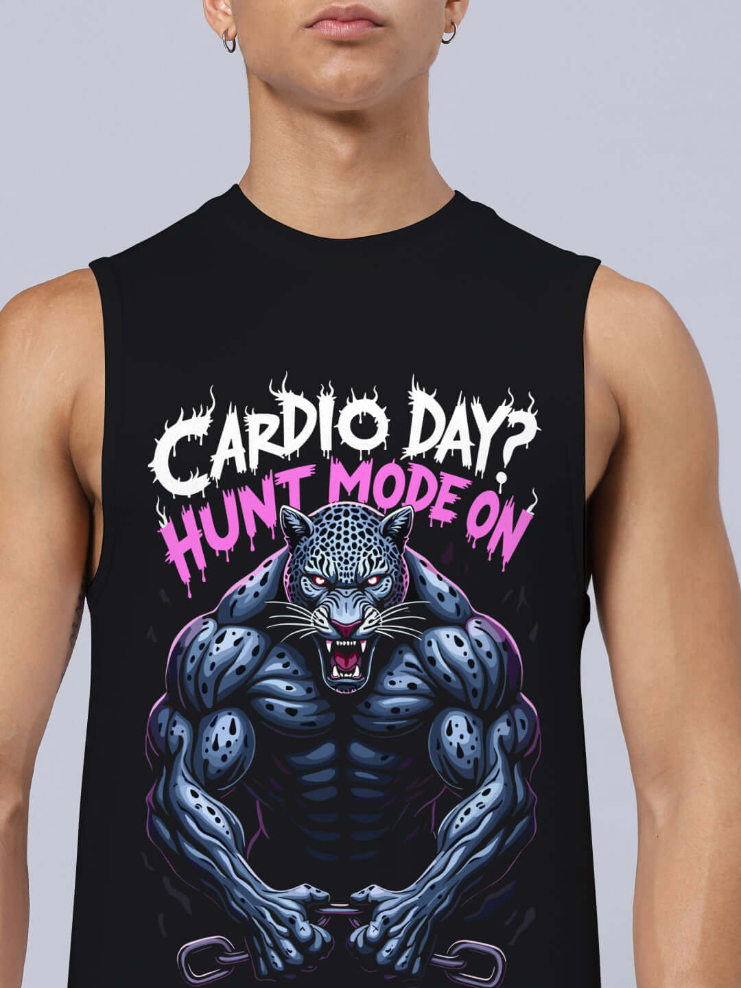 HUNT MODE PRINTED RELAXED FIT GYM T-SHIRT BLACK featuring a muscular panther design with 'Cardio Day? Hunt Mode On' text, worn by a model.