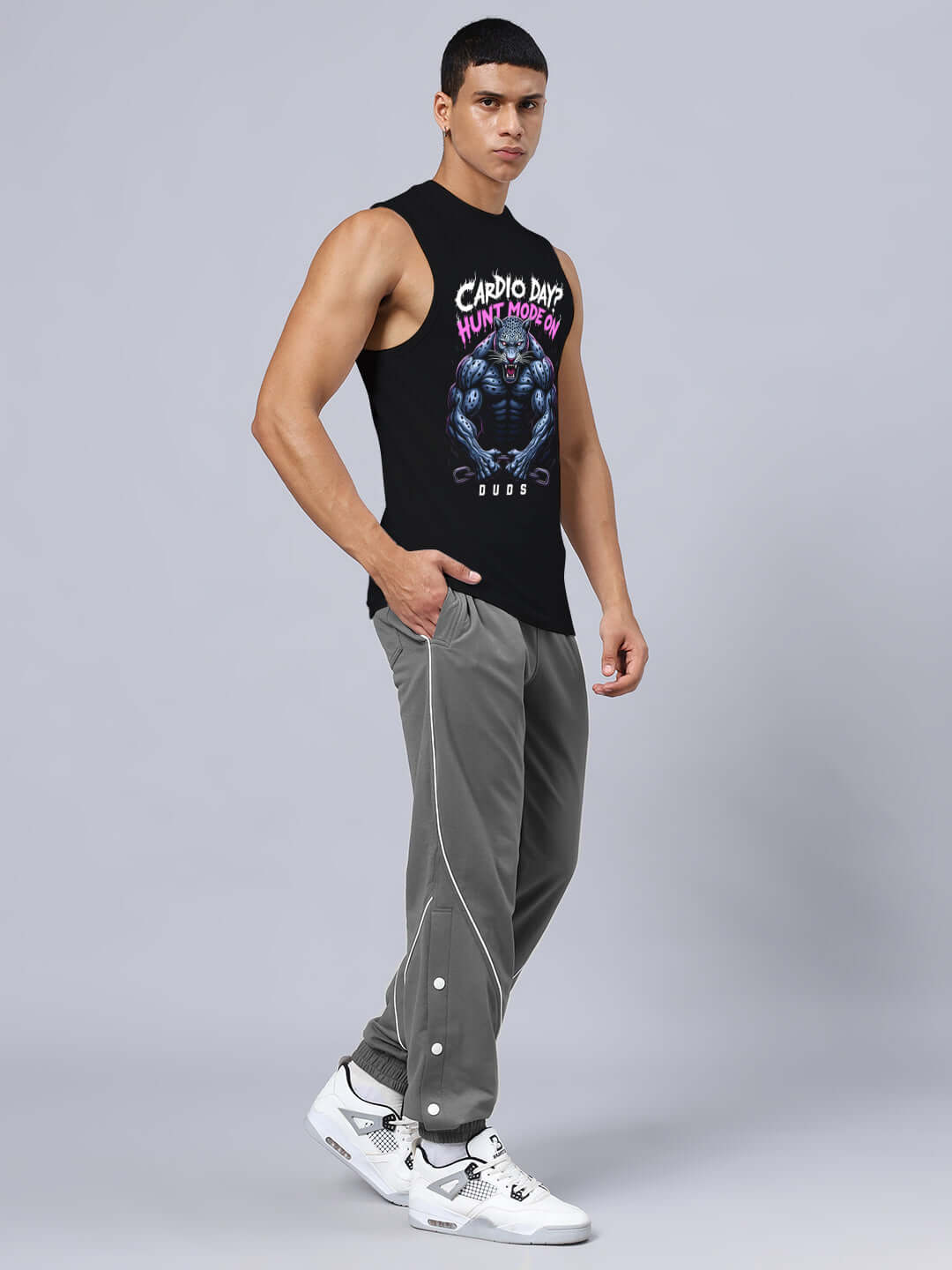 HUNT MODE PRINTED GYM RELAXED FIT CO-ORD SET BLACK-GREY modeled by athletic person