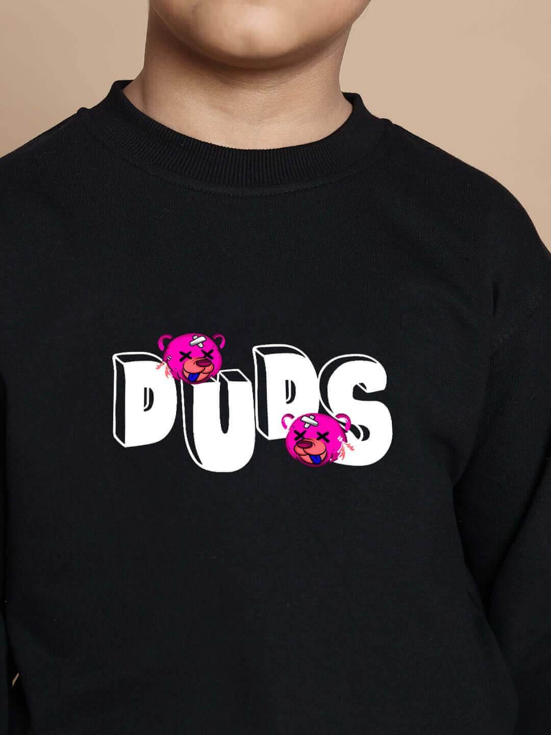 Unisex black sweatshirt for kids featuring a playful text graphic design on the front, made from premium heavy gauge fabric.