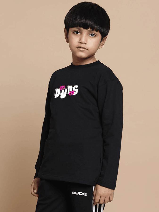 Child wearing black I'M OK SWEATSHIRT FOR BOYS GIRLS BLACK, showing minimalist bold style and comfort.