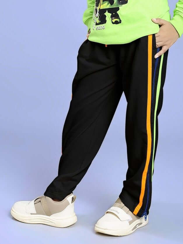IMPERIAL SIDE ZIPPER JOGGER FOR BOYS AND GIRLS BLACK with colorful stripes and comfortable fit, perfect for kids' versatile wear.