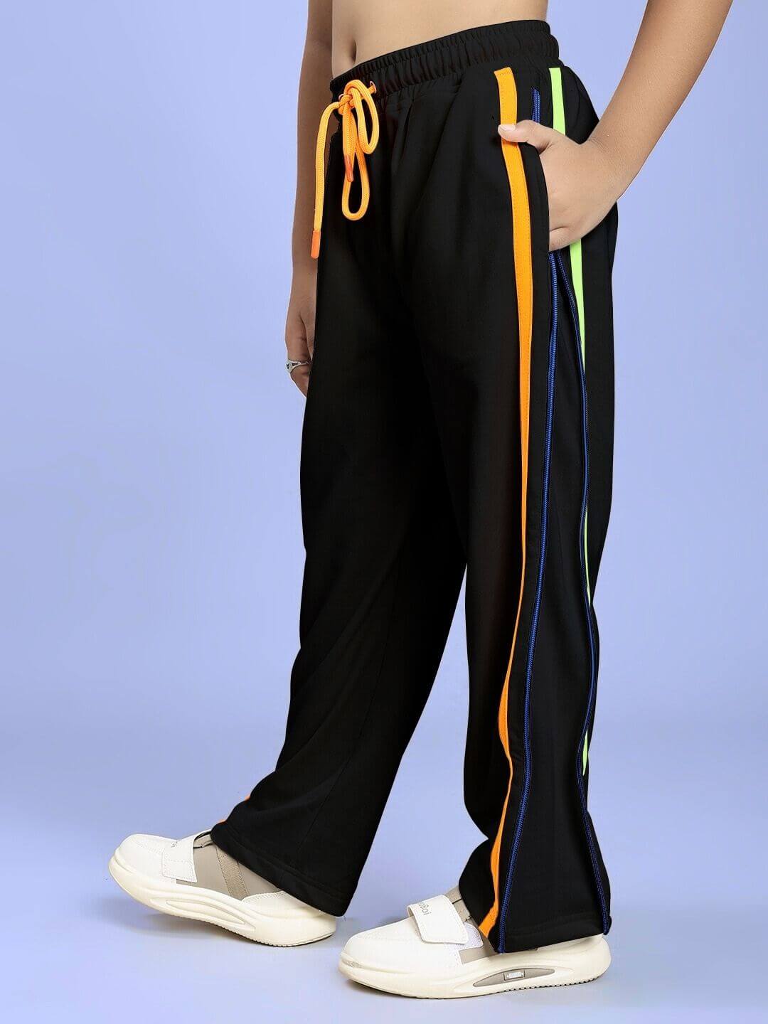 IMPERIAL SIDE ZIPPER JOGGER FOR BOYS AND GIRLS BLACK with colorful side stripes.