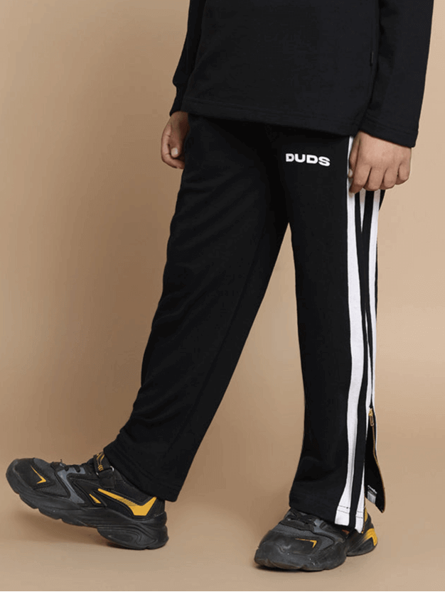 Unisex black joggers with white stripes and elasticated drawstring waistband for customizable fit, I'm OK Co-Ord Set for boys and girls.