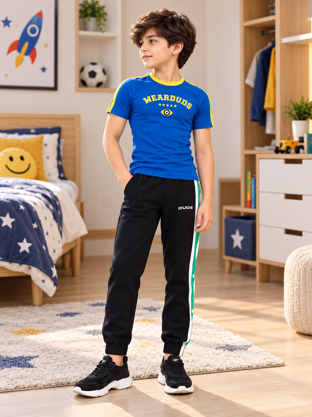 IRISH REGULAR FIT T-SHIRT FOR BOYS GIRLS BLUE worn by boy in casual bedroom setting with black joggers