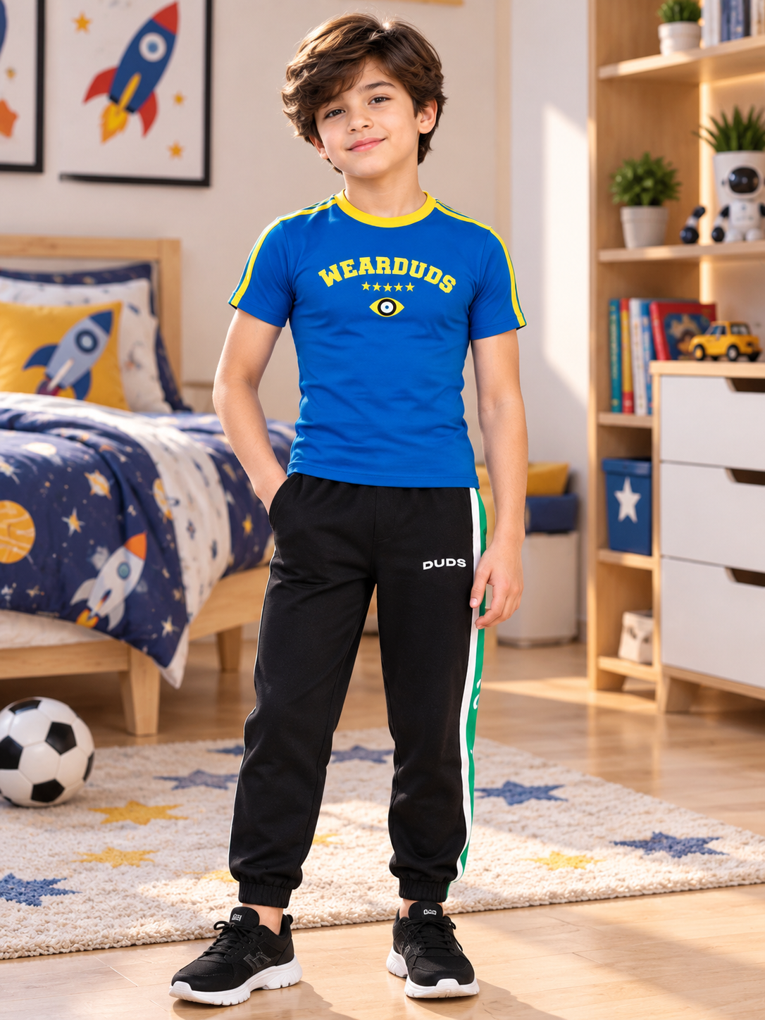 IRISH REGULAR FIT T-SHIRT FOR BOYS GIRLS BLUE worn by boy with black joggers in bedroom