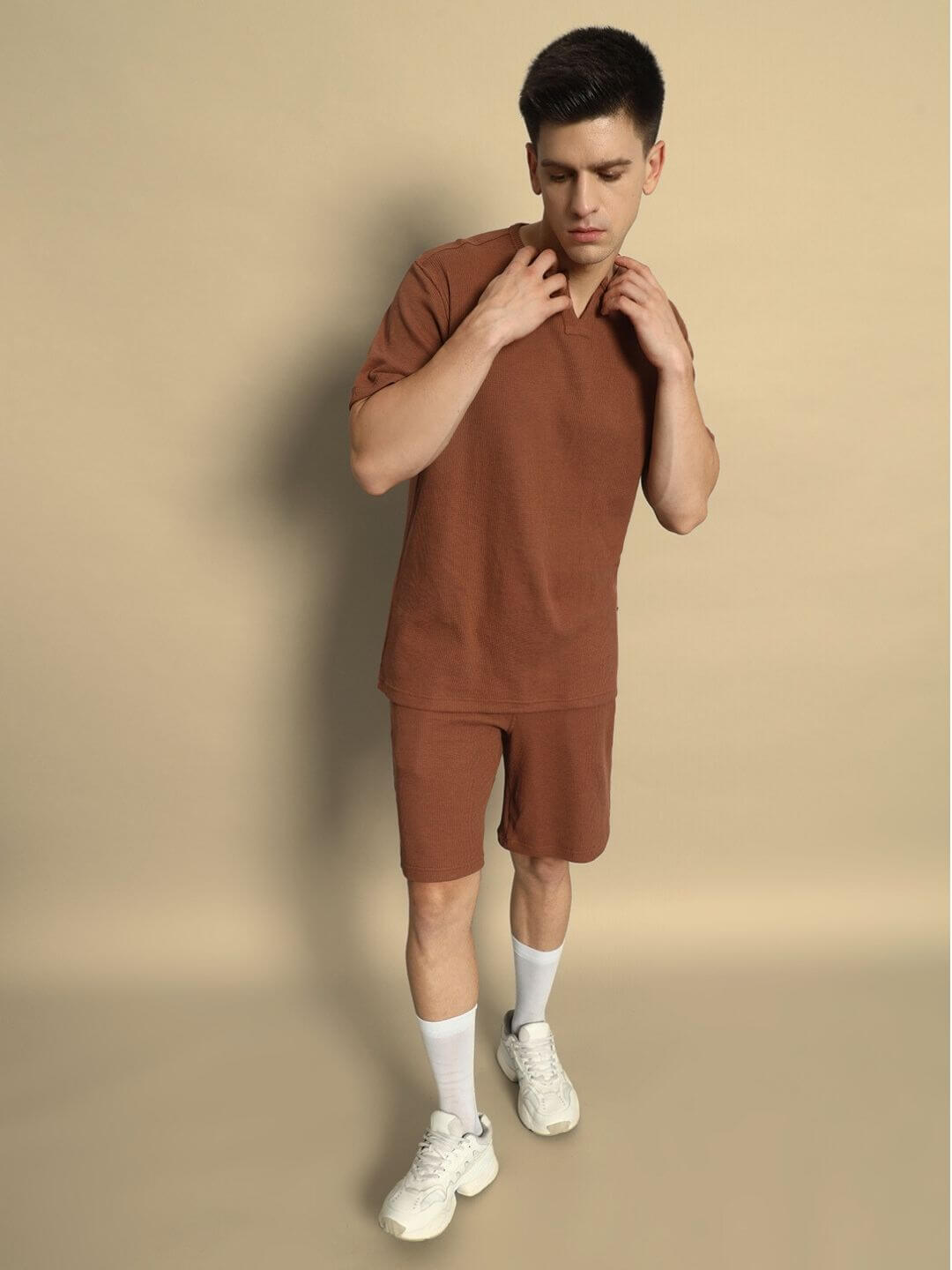 Jagger Co-Ord Set in brown waffle fabric, relaxed fit, half sleeves for men, 100% cotton, model is 6 feet, wearing large size.