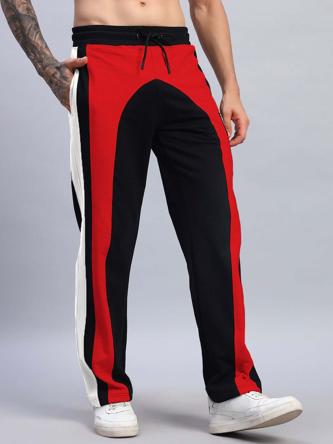 JAMISON COLOR BLOCK RELAXED-FIT JOGGERS BLACK RED with vibrant red and black contrast panels, perfect for streetwear style.