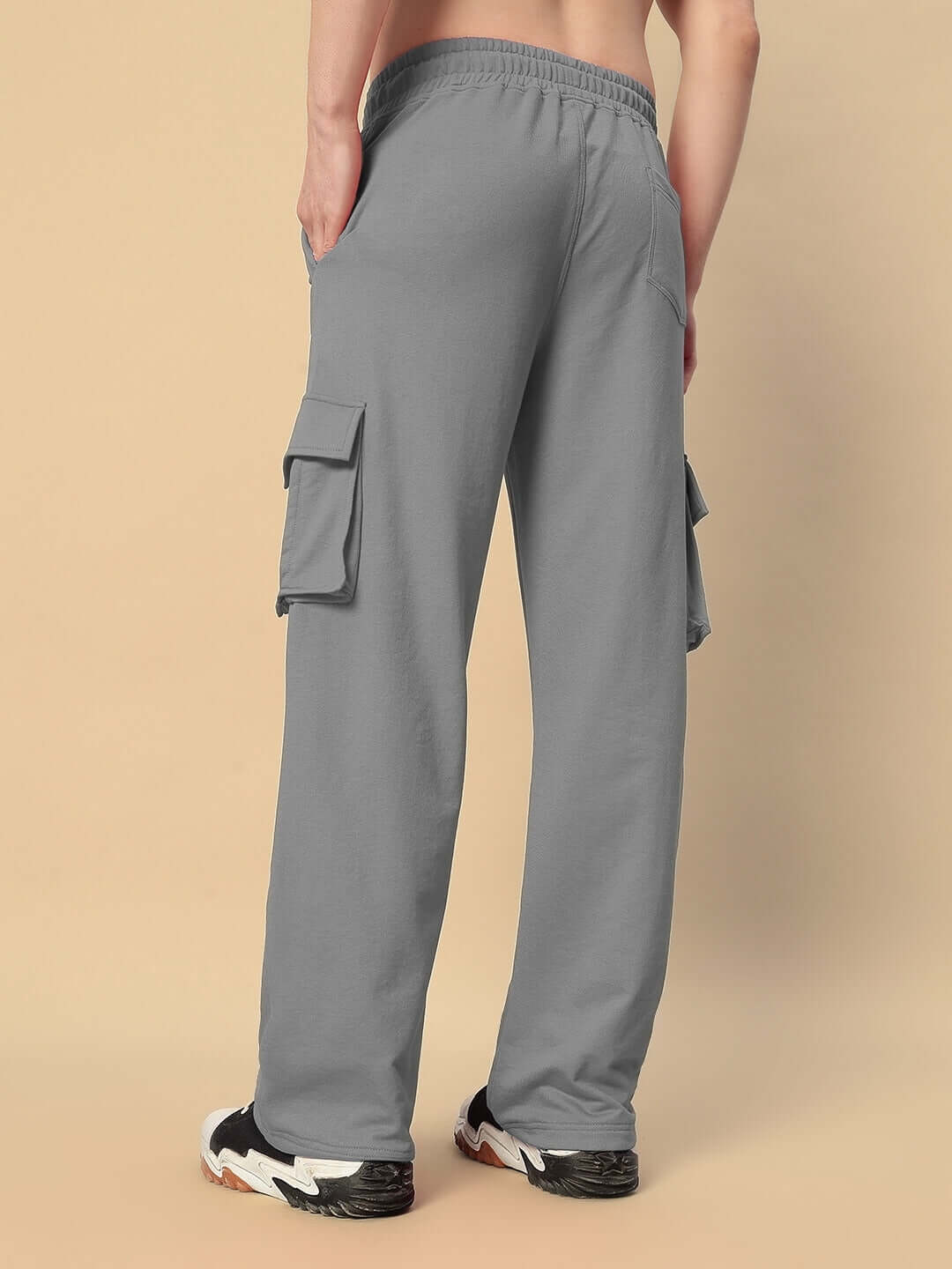 Back view of grey JESS 5 Pocket Relaxed Fit Joggers by DUDS, showcasing comfortable design and stylish cargo pockets.