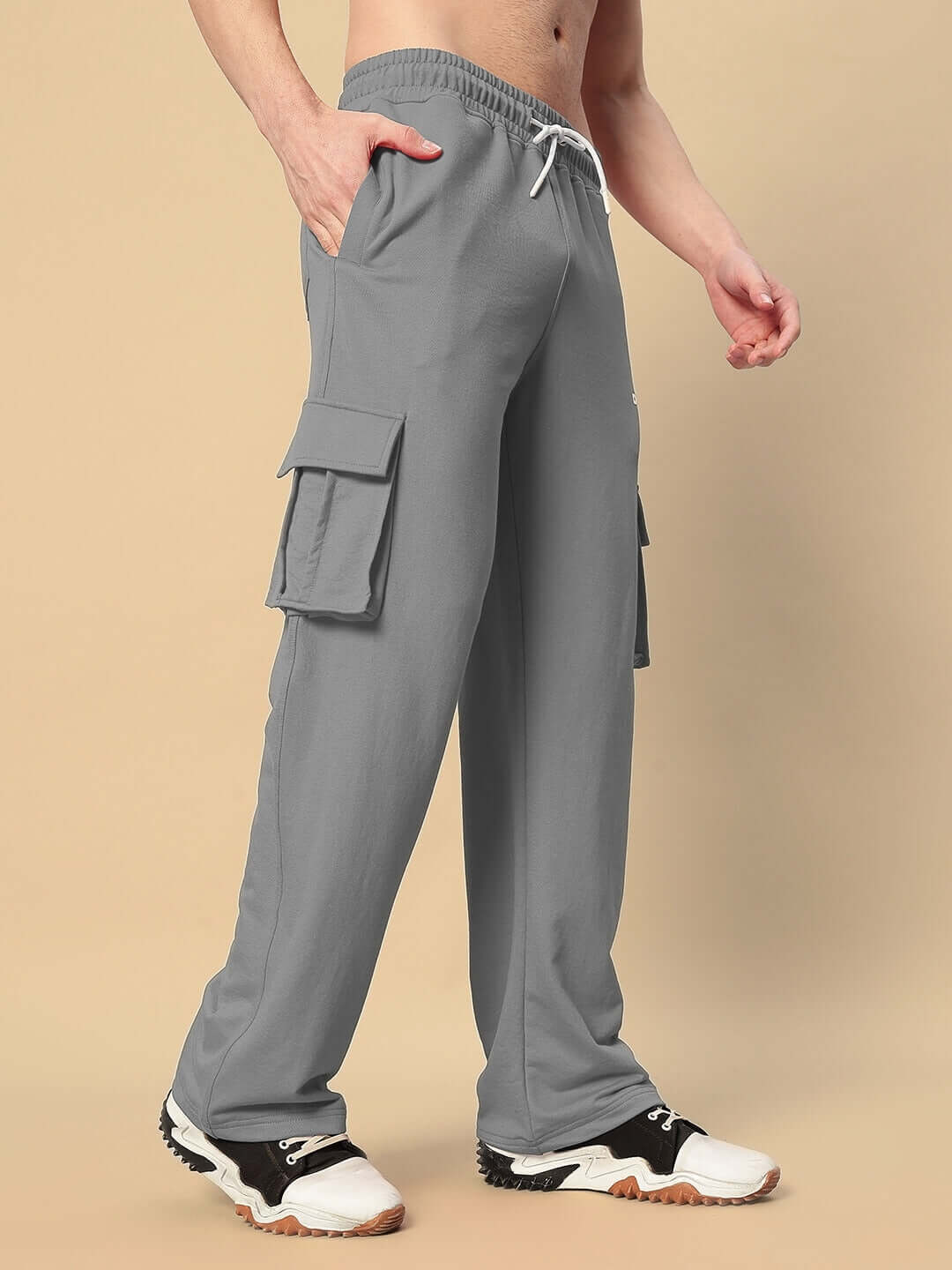 JESS 5 Pocket Relaxed Fit Grey Joggers by DUDS, designed for custom fit and comfort, shown on model with tailored style.