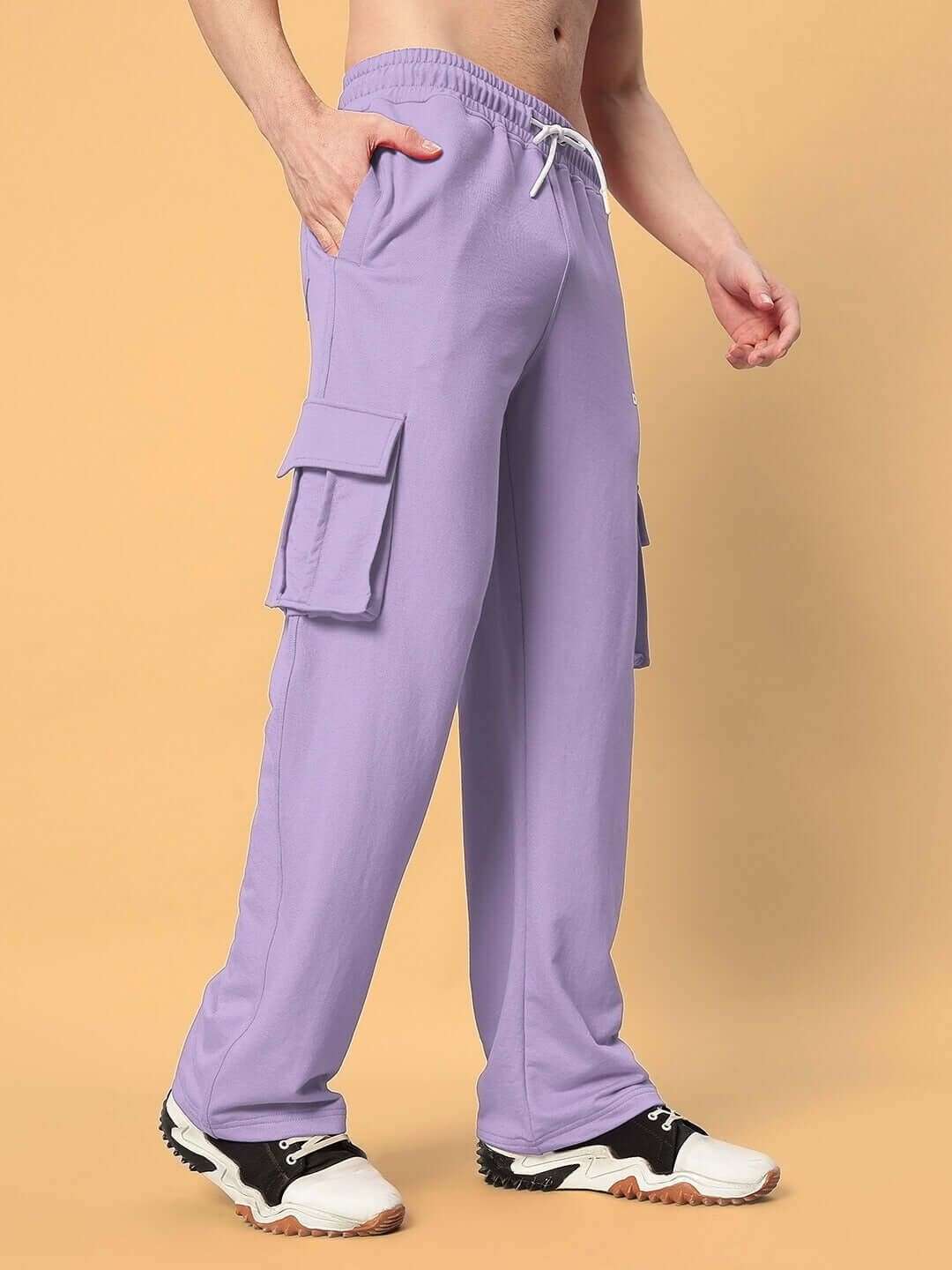 Lavender relaxed fit joggers with five pockets, designed for comfort and style, available for custom fit orders by DUDS.