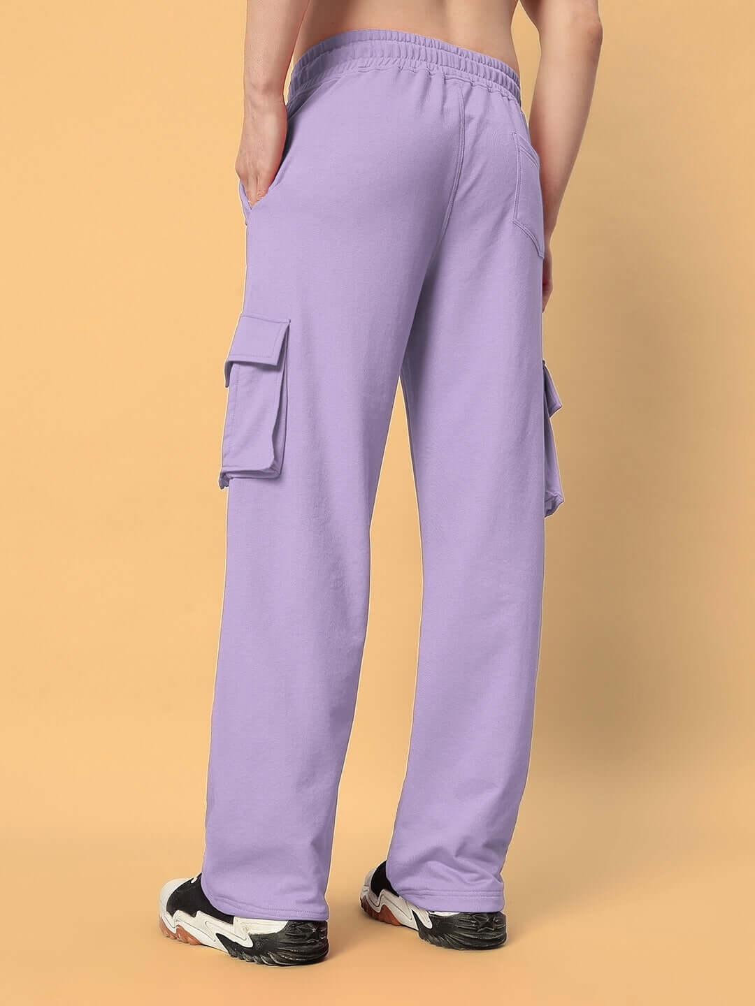 Back view of lavender relaxed-fit joggers with five-pocket design, showcasing comfortable, casual style.