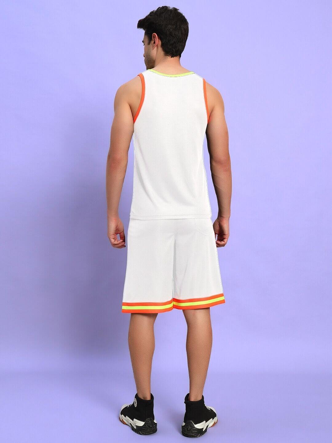 Back view of model wearing JORDAN GYM REGULAR FIT CO-ORD SET WHITE showcasing athletic style and comfort.