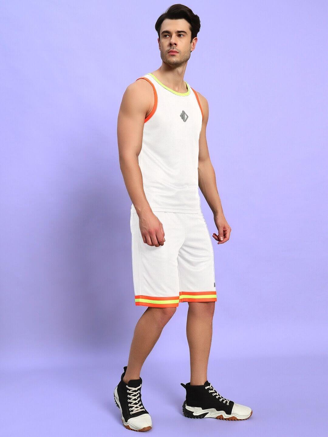 Model wearing JORDAN GYM REGULAR FIT CO-ORD SET WHITE with vibrant accents, showcasing sporty and sophisticated style.