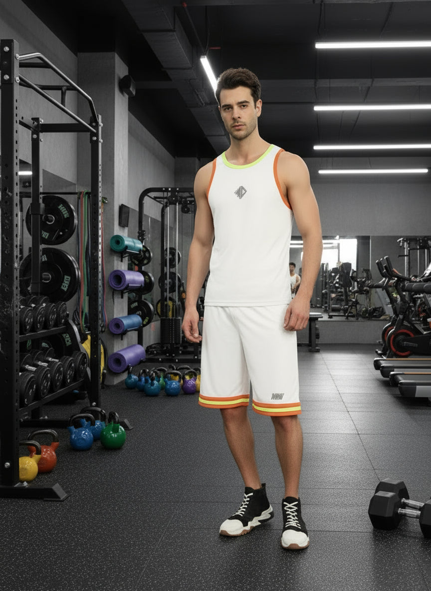 Man wearing JORDAN GYM REGULAR FIT T-SHIRT WHITE standing in a gym environment.