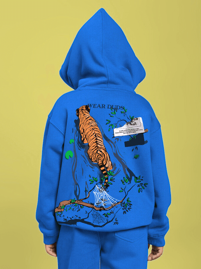 Back of child wearing A JOURNEY WITHIN FLEECE HOODIE FOR BOYS AND GIRLS BLUE featuring tiger graphic, perfect for kids' casual outfits.