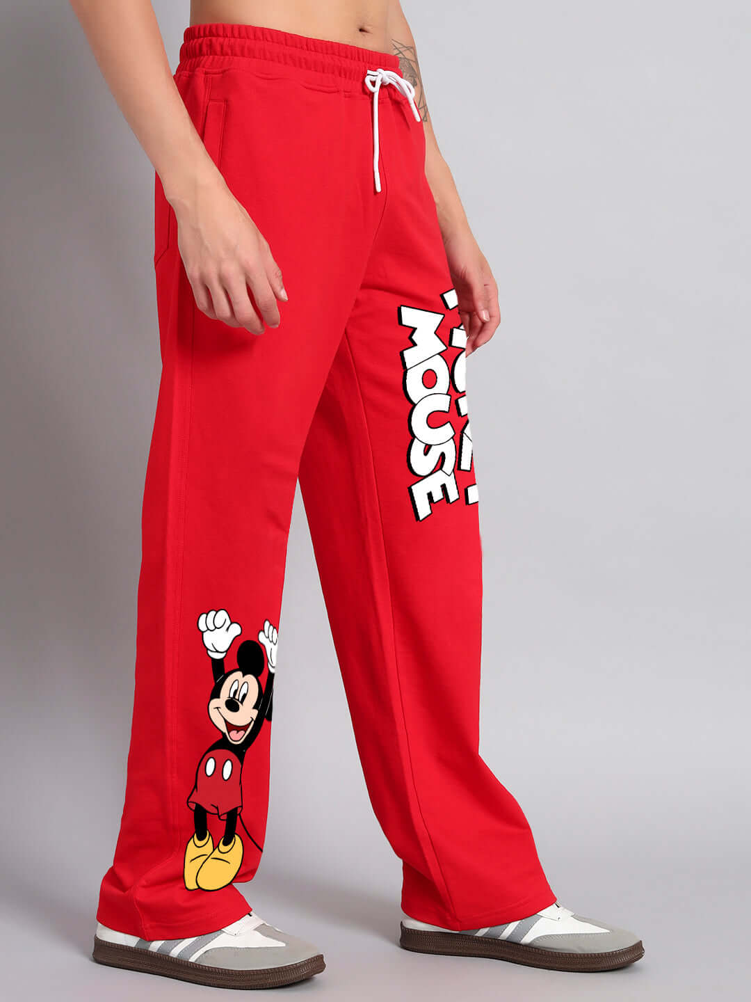 Red Mickey Mouse relaxed fit jogger pants from JOY FEEL by DUDS, featuring custom fit option available for prepaid orders.