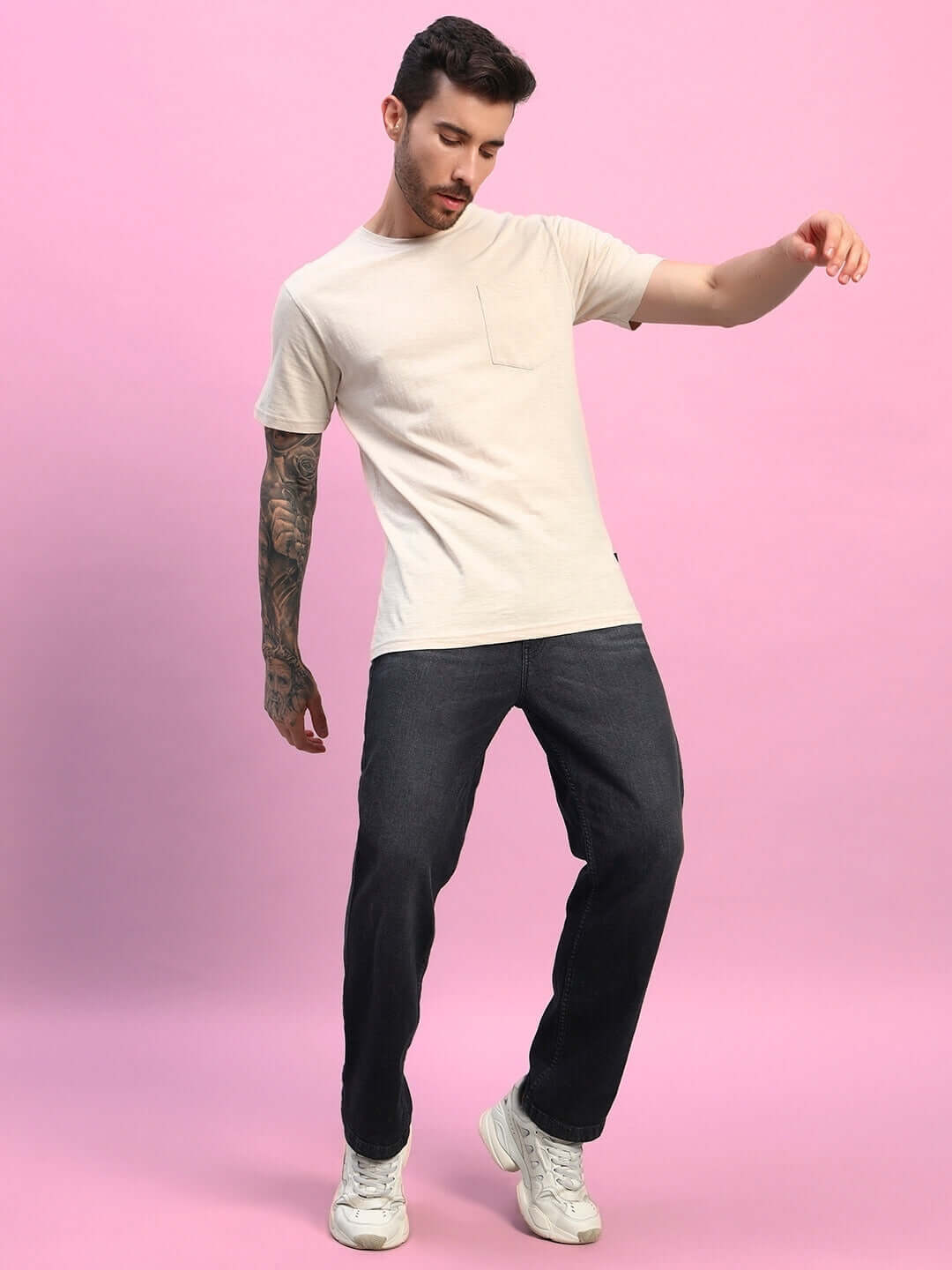 Model wearing JOY Regular Fit Beige T-Shirt made from premium heavy cotton slub fabric. Stylish and comfortable, perfect for casual wear.