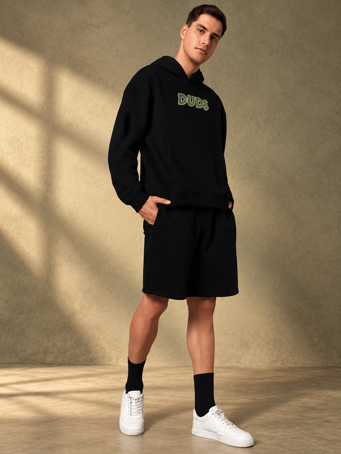 JUDY NICK ZOOTOPIA FLEECE CO-ORD BLACK unisex hoodie and shorts set styled for casual streetwear comfort