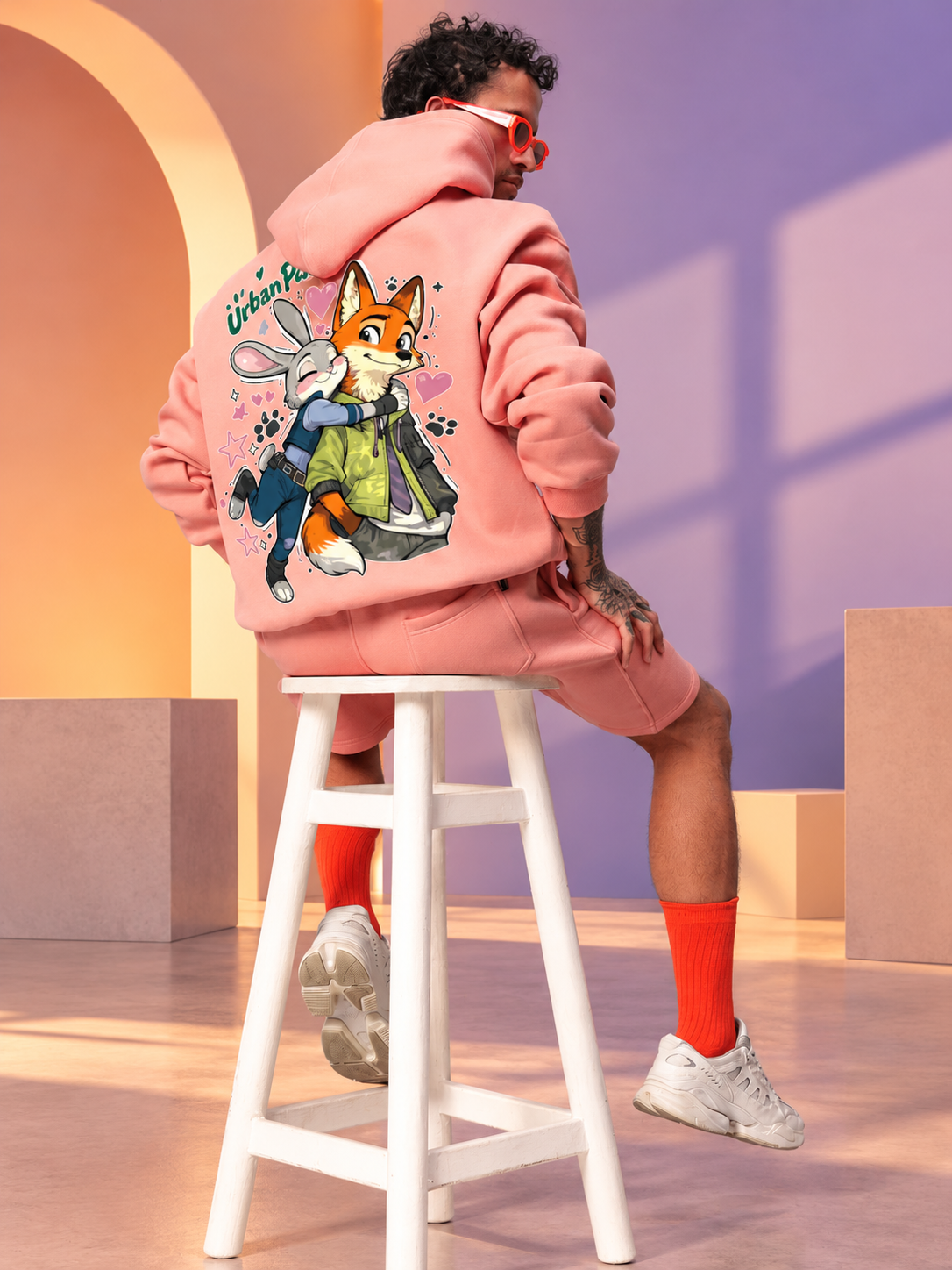 JUDY NICK ZOOTOPIA FLEECE CO-ORD PEACH unisex hoodie set with cute cartoon print, worn by man in casual streetwear style